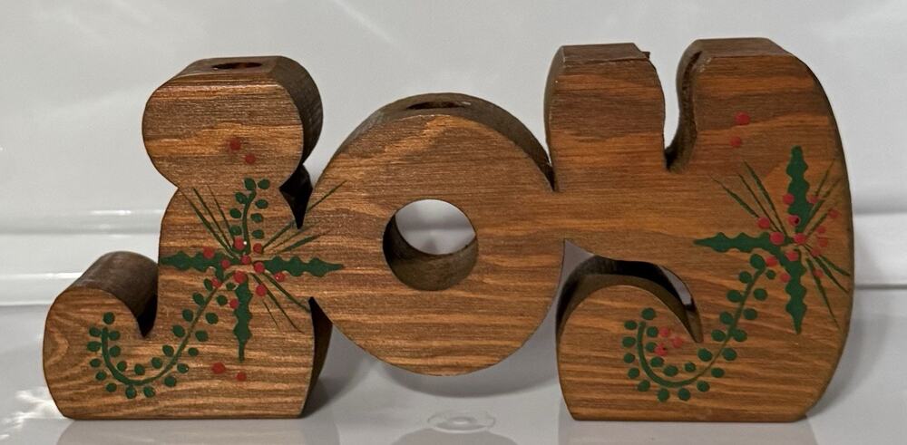 Vintage Christmas Joy Wood Candleholder 70s GrannyCore 7.5” Sign Unique Painted